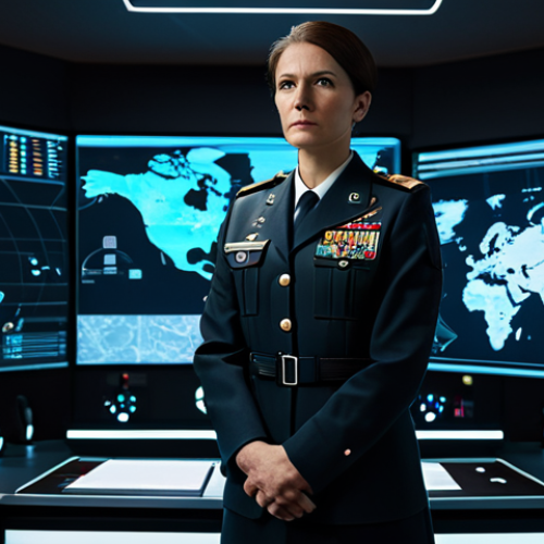 A focused, professional military strategist dressed in a modern, dark, modest uniform with subtle tactical elements. They are standing in a high-tech command center, illuminated by holographic projections of a city map and defensive schematics. The strategist's expression is serious and contemplative, overseeing strategic operations. The background features advanced computer screens displaying data. Professional photography, cinematic lighting, ultra-detailed, 8K, perfect anatomy, correct proportions, natural pose, well-formed hands, proper finger count, natural body proportions, safe for work, appropriate content, fully clothed, professional dress, modest clothing, family-friendly.