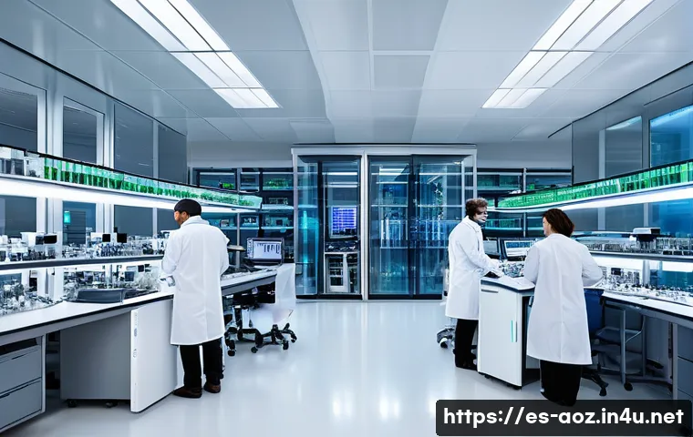 에이지오브제트 연구소 효율적 운영 - A modern scientific research laboratory bustling with activity, featuring diverse researchers in pro...